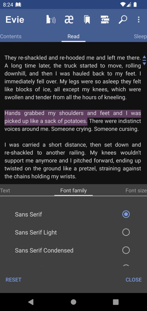 Evie, the eVoice book reader app screenshot